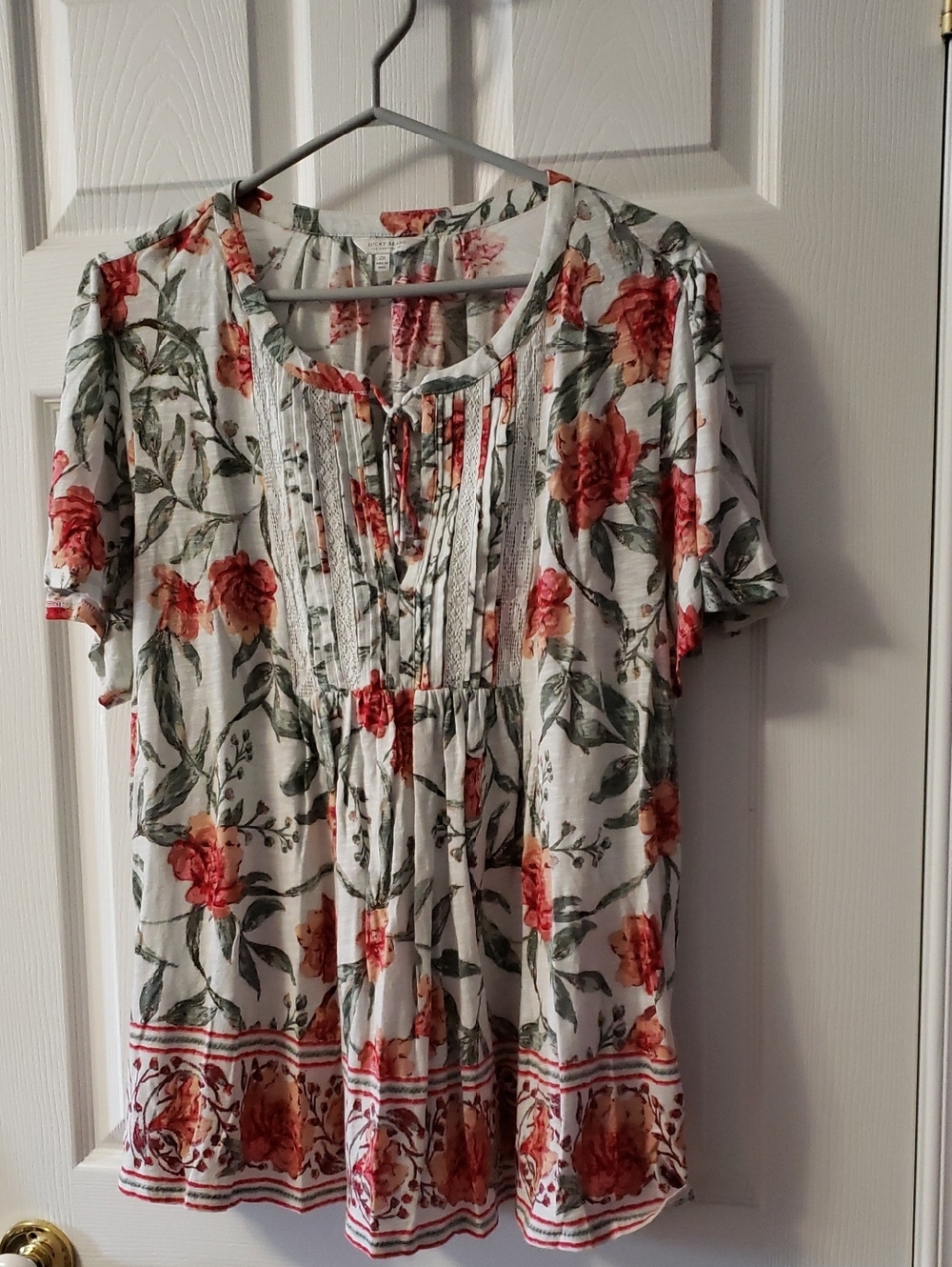Lucky Brand White Floral Tie-Front Peasant Tunic with Coral and Green Accents